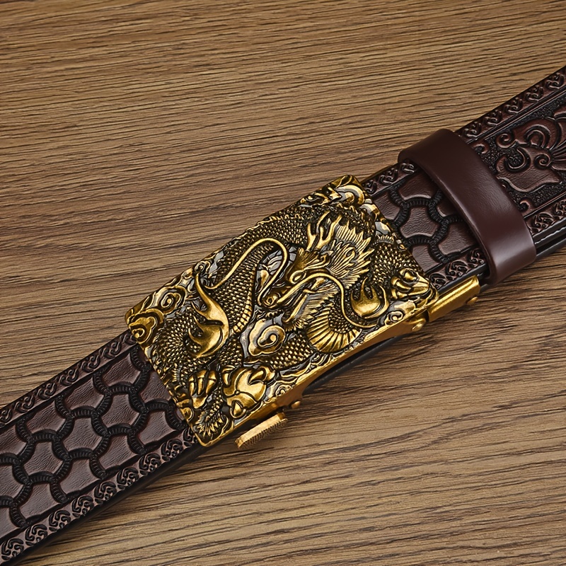 Dragon Head Leather Belt Men Intricate Carving Golden Buckle Brown Cowhide